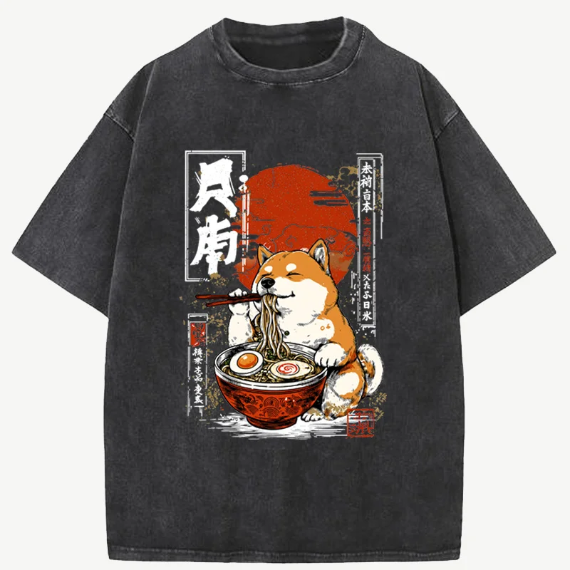 Фото Футболка с принтом Kawaii Shiba Inu Eating Ramen - подарок для любителей собак, футболки с графическим дизайном, мужская одежда №1