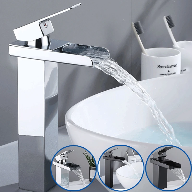 

Bathroom Faucet Waterfall Basin Faucet Black/Chrome Single Hole Cold&Hot Water Tap Lavatory Sink Deck Mount Faucets