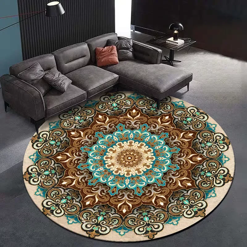 

2022New Coral Velvet Computer Chair Floor Mat Mandala Printed Round Carpet for Children Bedroom Play Tent Area Rug Round Blue