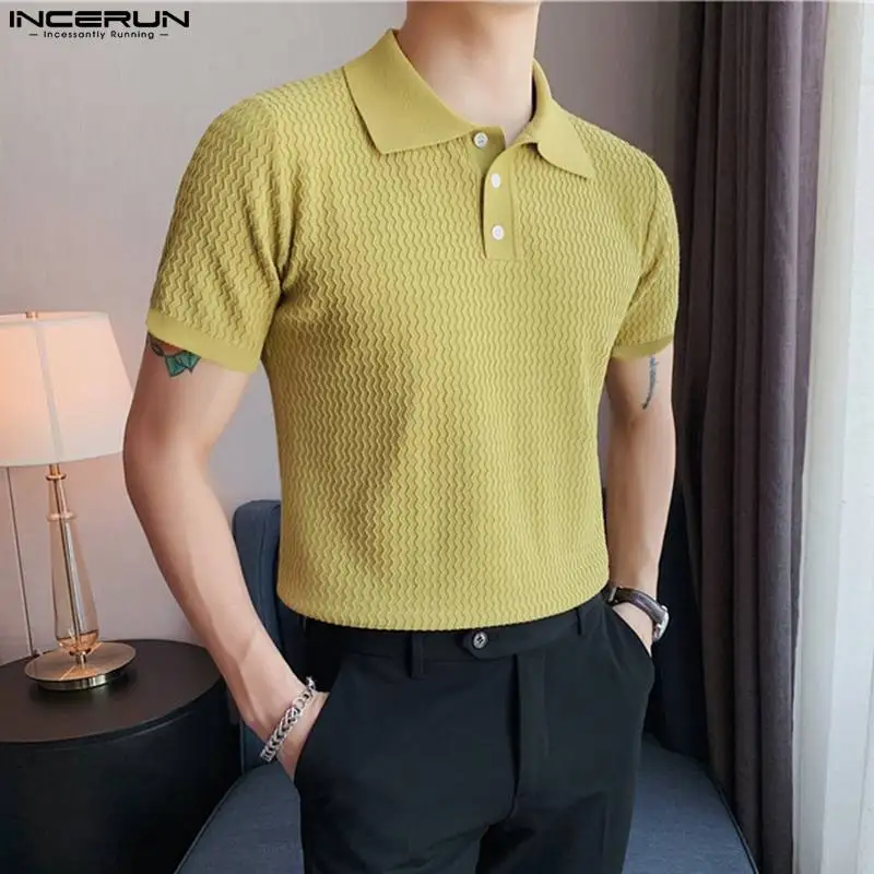 

Топы INCERUN 2023, Мужская модная простая блузка в Корейском стиле с волнистым узором и лацканами, Повседневная Уличная одежда, однотонные рубашки с коротким рукавом, женская