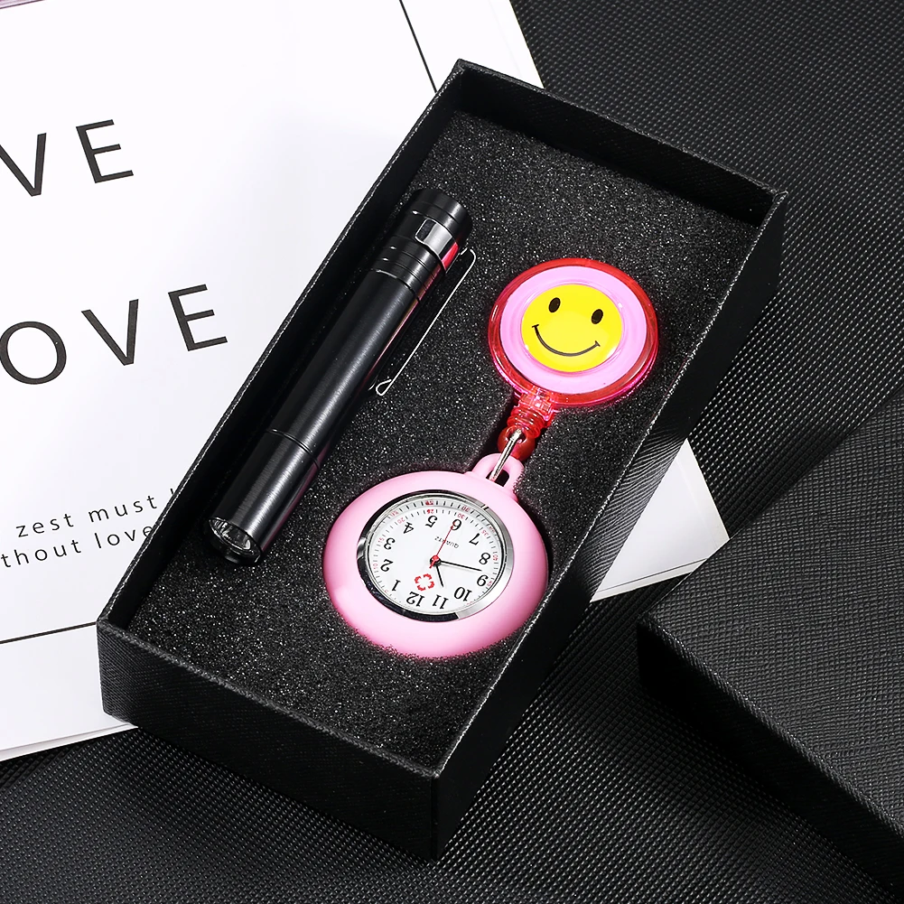 Quartz Pocket Watch for Nurse Cute Pink Smiling Clip-on Fob Brooch Hanging Watch Led Pupil Penlight Gift Set for Medical Doctor