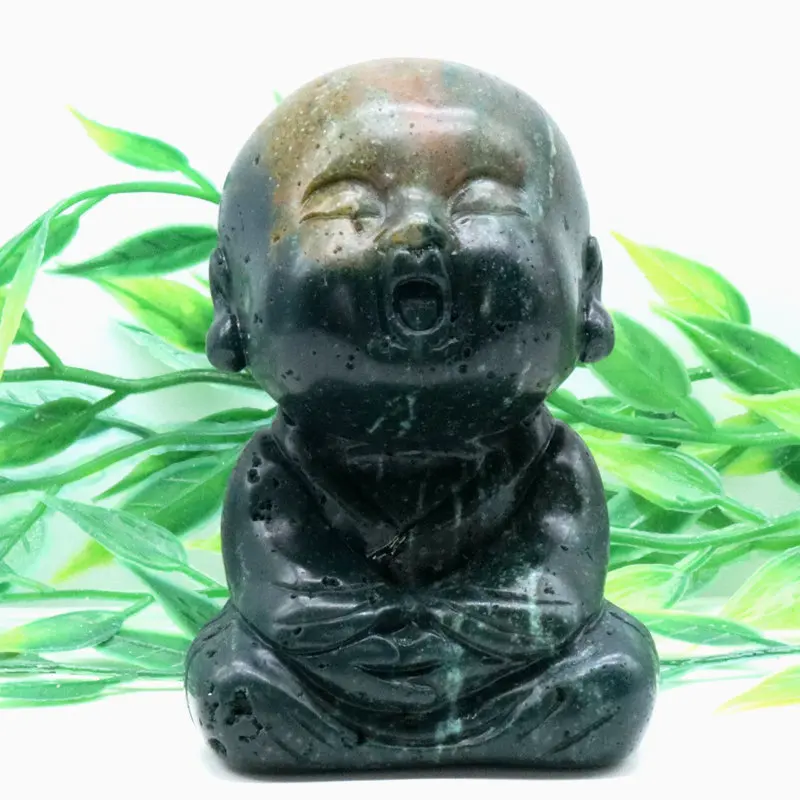 

3inch 233g Natural Ocean Jasper Mini Little Monk Buddha Zen Statue Pocket Sitting Hand Toy Home Office Desk Decorative Gift