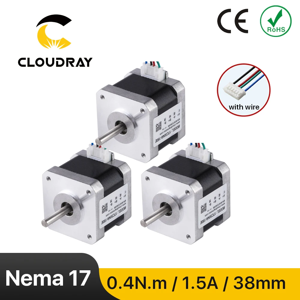 

Шаговый электродвигатель Cloudray Nema 17, 38 мм, 40 нсм, 1,5 А, двухфазный, для гравировально-фрезерного станка с ЧПУ, 3D-принтера
