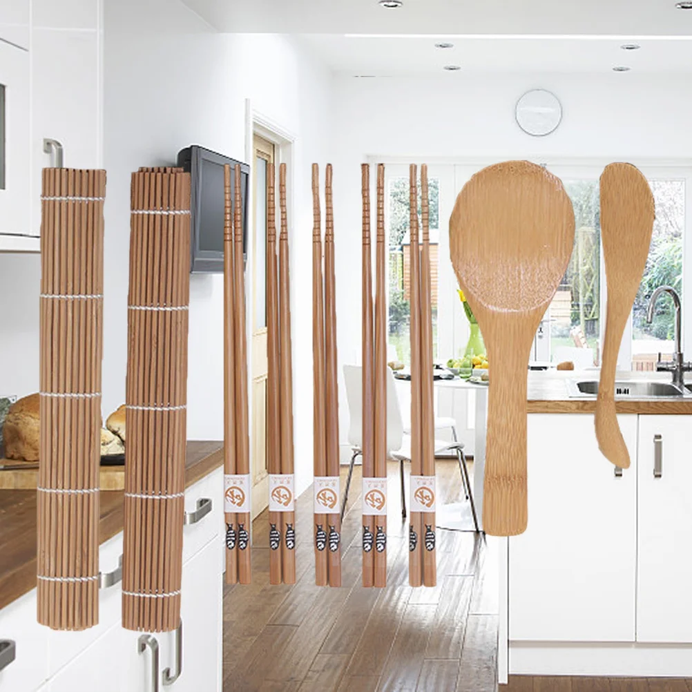 

Набор для приготовления бамбуковых суши с 2 ковриками-роликами, 9 шт., 5 пар палочек для еды, весло для риса, разбрасыватель риса