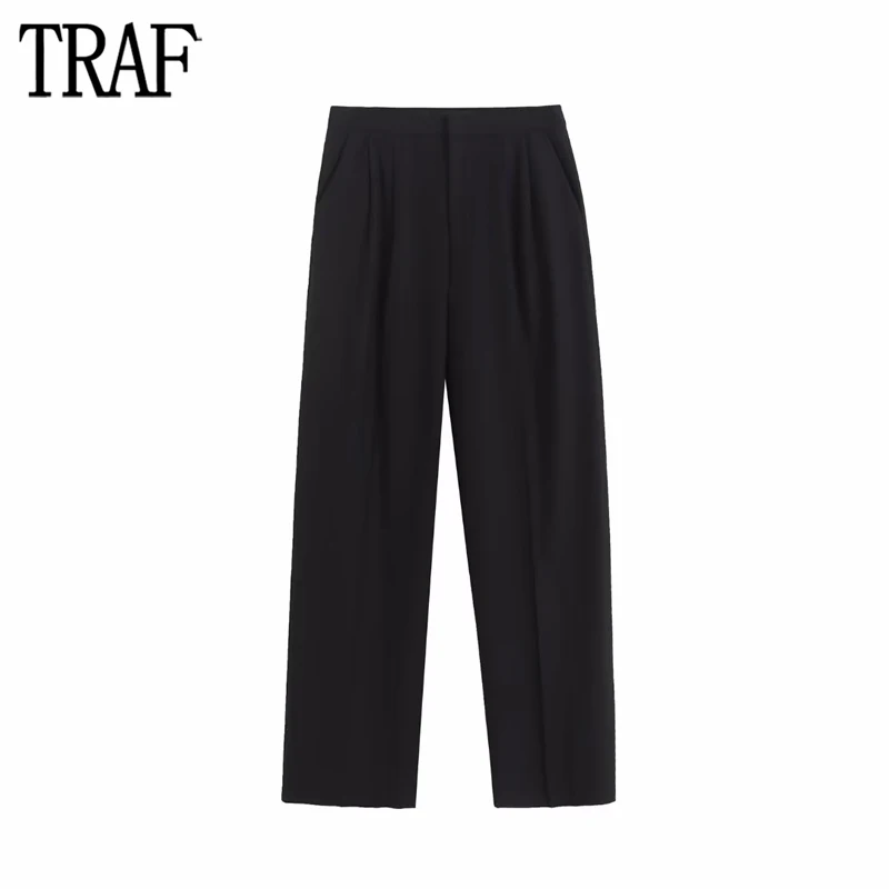 

TRAF Pleated Women Pants Black High Waist Pants for Women Spring 2023 Wide Leg Pants Women Masculine Baggy Pants Woman Trousers