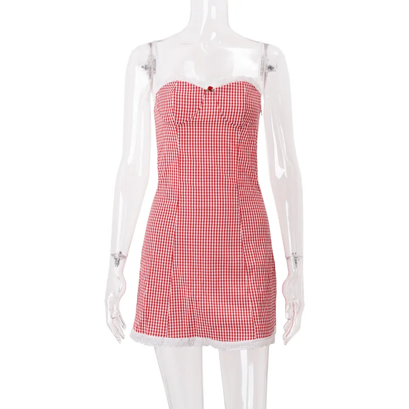 Y2K клетчатое мини-платье на тонких бретельках милое вечернее платье для девочек