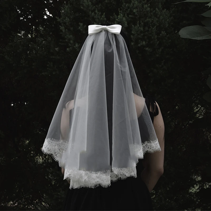 

Оригинальный дизайн новый свадебный головной убор для невесты однослойный кружевной головной убор с бантом