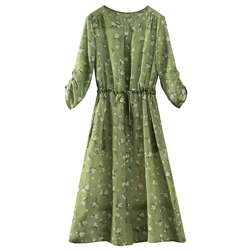 

Crepe De Chine Summer NATURAL SILK Green Dress Women Three Quarter Sleeve O-Neck Mid-Calf A-LINE Vestidos De Mujer Invierno