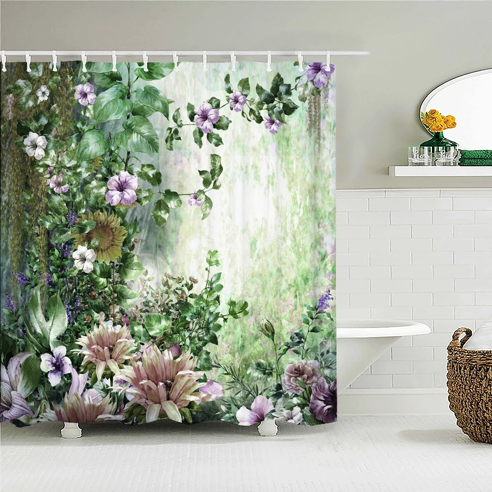 

Занавеска для ванной с красивыми цветами, листьями, растениями, водонепроницаемая ткань, занавеска для душа с рисунком пальмовых листьев, э...