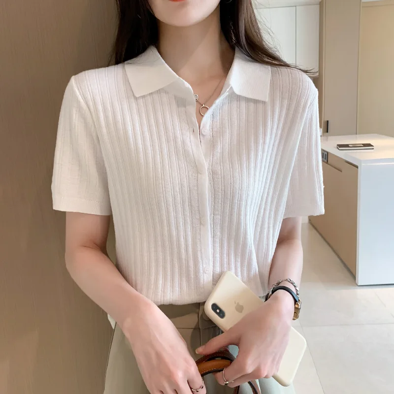 

Women Knitting Short Sleeve Polo Shirts Summer Thin Sweater T-shirt Lapel Shirt Office Lady Vertical Stripe Casual Blouse Female