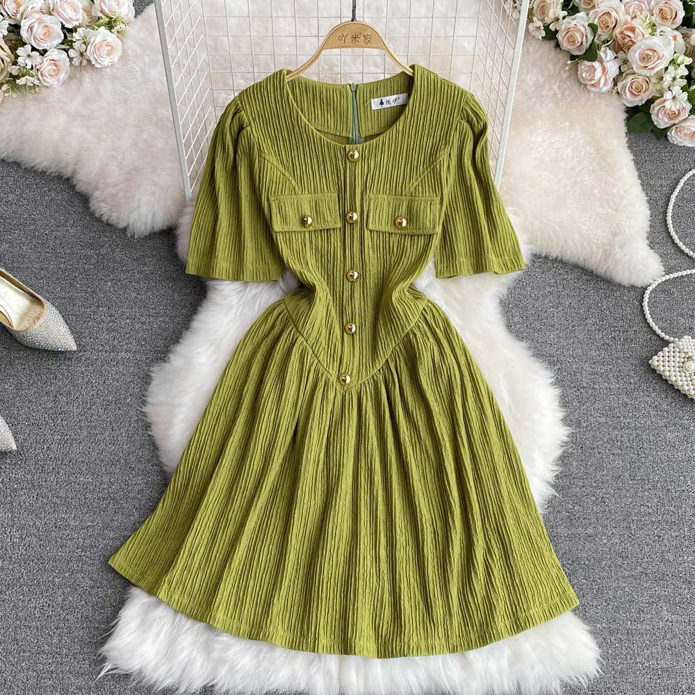 

SuperAen 2022 Summer Fashion O Neck Puff Sleeve Waist Slim A-line Solid Casual Knee-Length Dress for Women