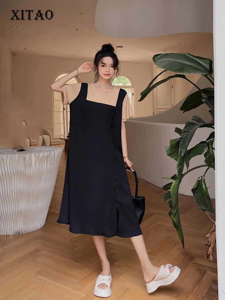 

XITAO Strapless Dress Pullover Pleated Goddess Fan Casual Split Solid Color 2022 Autumn Minority Loose Patchwork Dress WLD8502