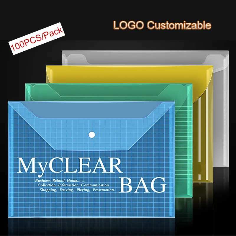 100PCS File Bag Letter Size Clear Plastic Envelopes A4 Document Folders Office Student Stationery Tools Organizer with Button