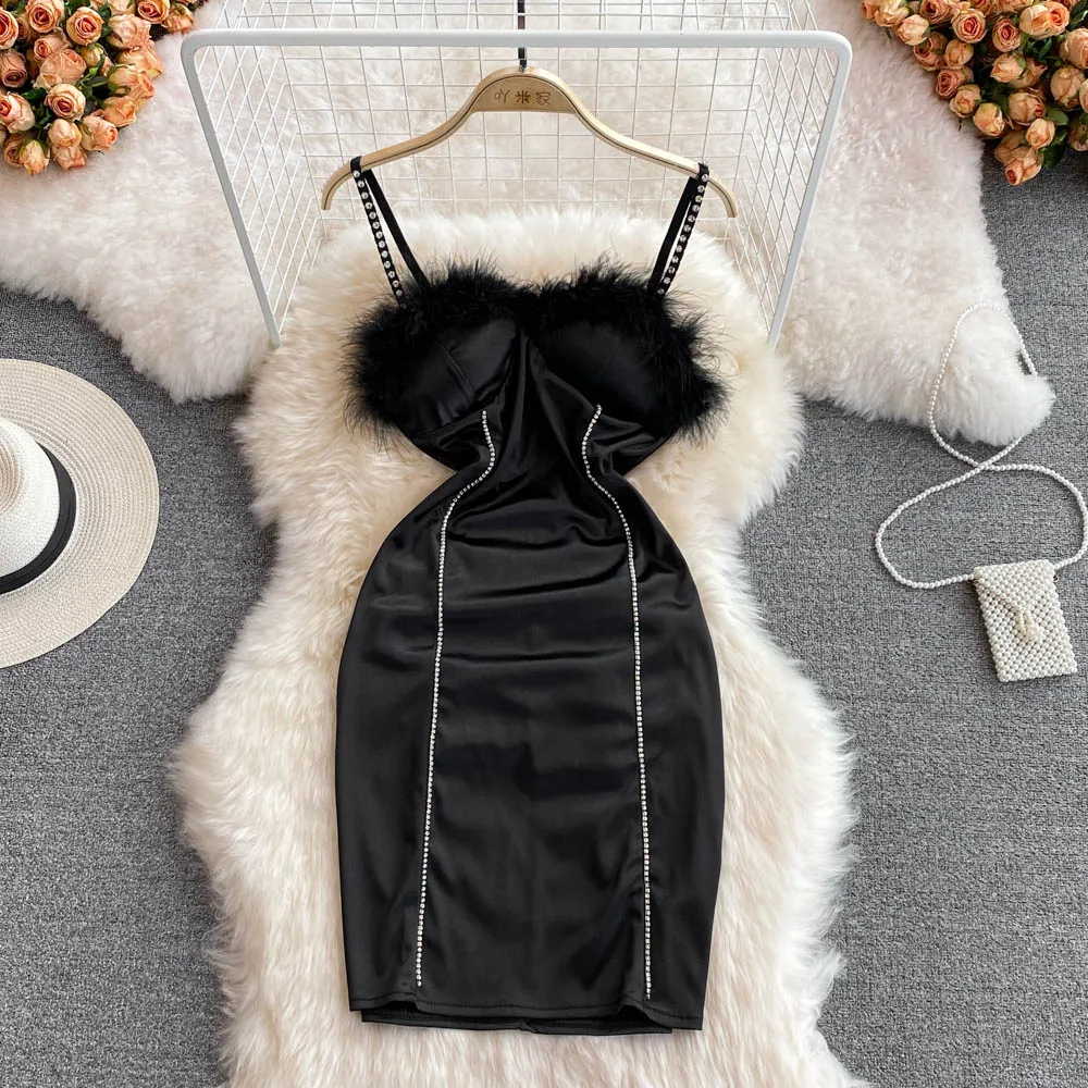 

Satin Dress Womens Stitching Fur Tube Top Diamonds Suspender Sexy Dress 2022 Spring Summer Women's Hip-Wrapped Dress Party Girls