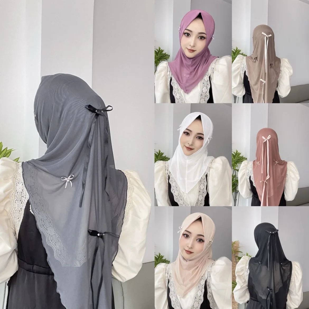 Мусульманский сетчатый хиджаб однотонный платок для женщин с бантом повязка на