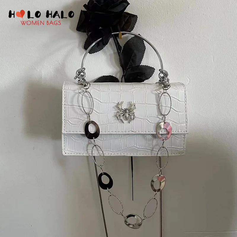 

Spider Punk Crossbody Bag Y2K Mini Shoulder Bag for Women Fashion Handbags and Purses Ring Chain Designer Bag Glossy PU Leather