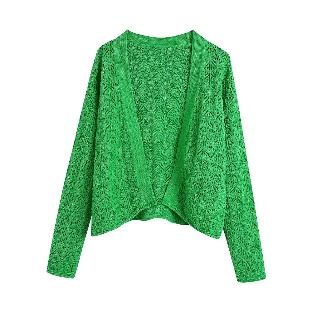 

ZATRHMBM Female clothing New Fashion Vintage cutout knitted coat long sleeves green cardigan jacket woman spring 2022