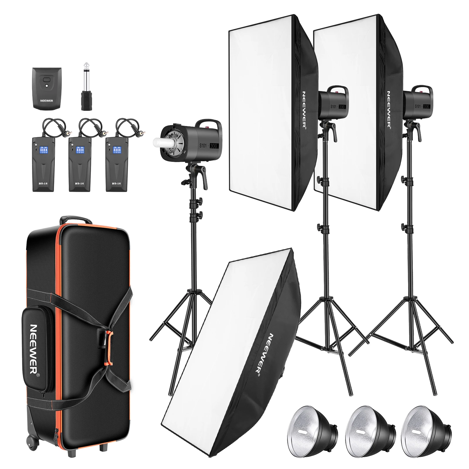 

Neewer Photo Studio Strobe Flash Lighting Kit: (3) S101 300W 5600K Monolights, (3) Light Stand, (3) Softbox