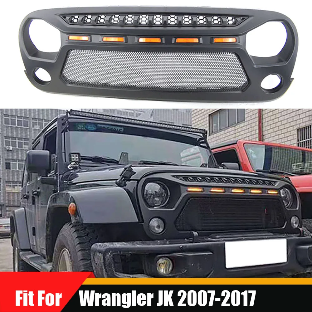 

Car Racing Grills Bumper Mesh Modified Grill 4x4 Off Road Front Grille With LED Lights Accessories Fit For Wrangler JK 2007-2017