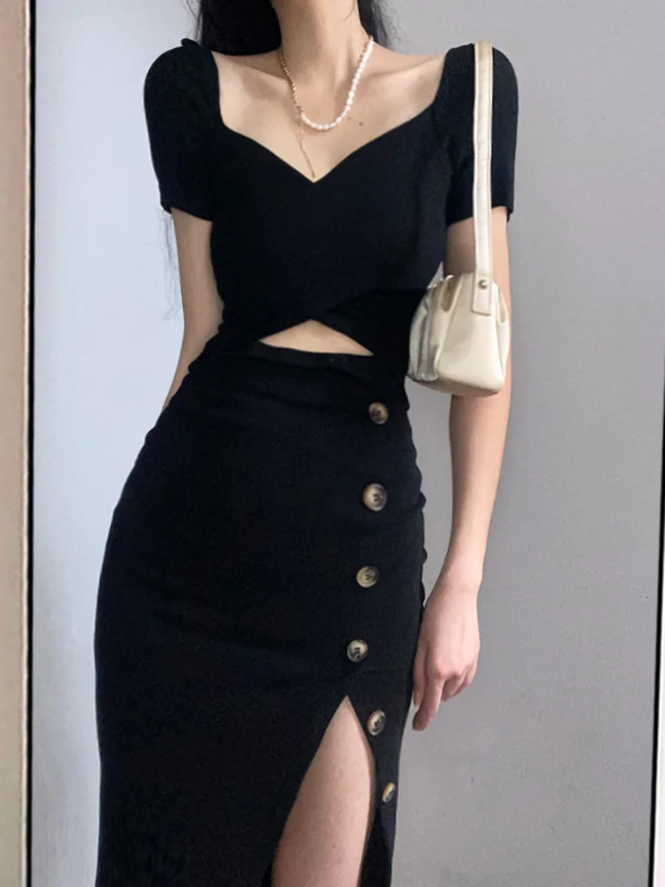 

Женское платье-макси с высокой талией, черное однобортное приталенное платье с разрезом и высокой талией, модель C216 в Корейском стиле на лет...