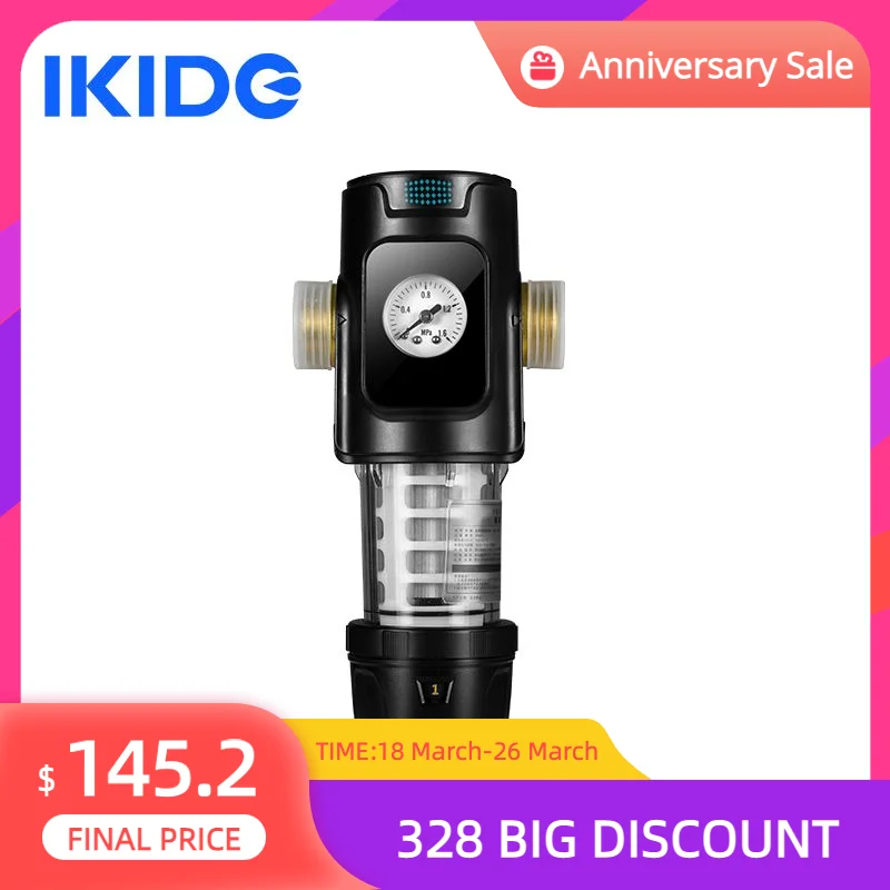 IKIDE Pre Filter Whole House Spin Down Sediment Water Filter Central Perifier Purifier System Backwash Stainless Steel Mesh