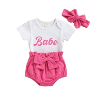 3pc baby girl clothing casual outfit letter print short sleeve round neck bodysuit solid color paper bag pants with bow headband