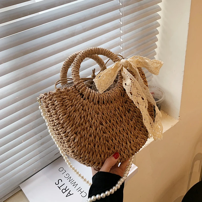 Straw Bags For Women Moon Shape Lace Bow Hand-Woven Handbag Summer Bohemian Vacation Casual Bags Pearl Chain Rattan Beach Bag