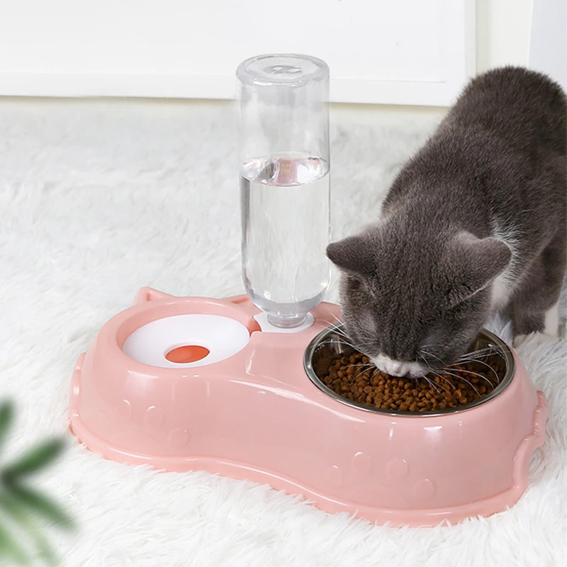 Dog Bowl Cat Feeder Bowl With Dog Water Bottle Automatic Drinking Pet Bowl Cat Food Bowl Pet Stainless Steel Double  Bowl