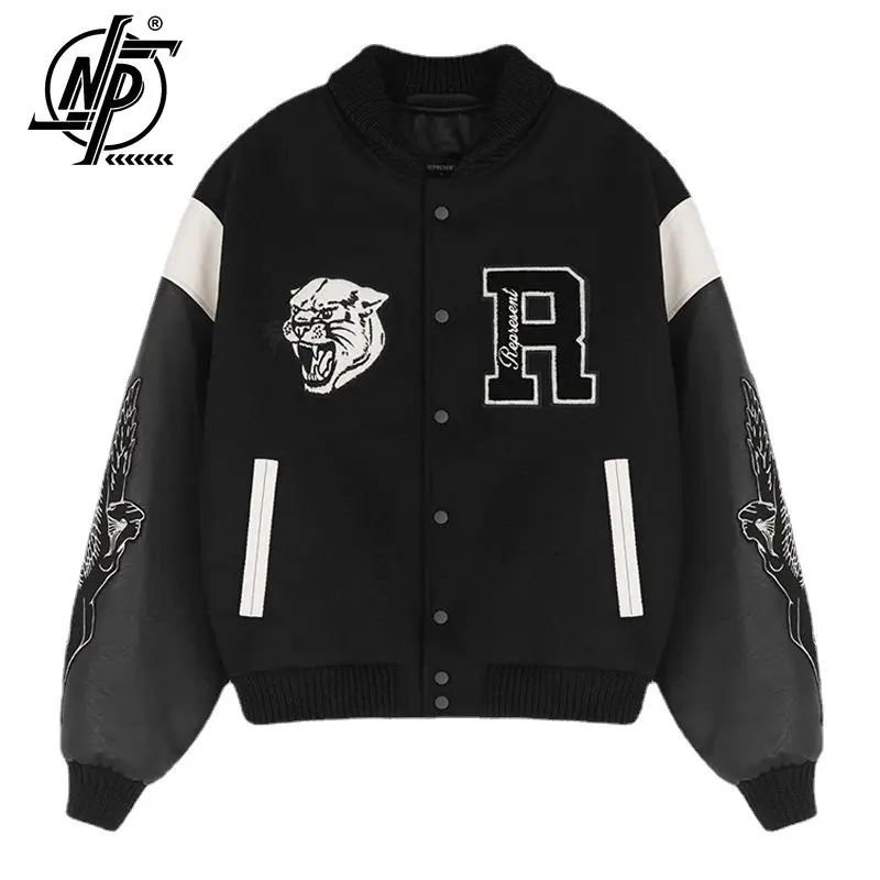 

Hip Hop Baseball Jacket Coat Men Tiger Head Letter Embroidery Streetwear Leather Sleeve Patchwork Varsity Fashion Vintage Jacket