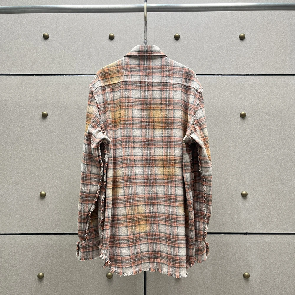 Женская клетчатая хлопковая рубашка с необработанным краем бахромой свободная