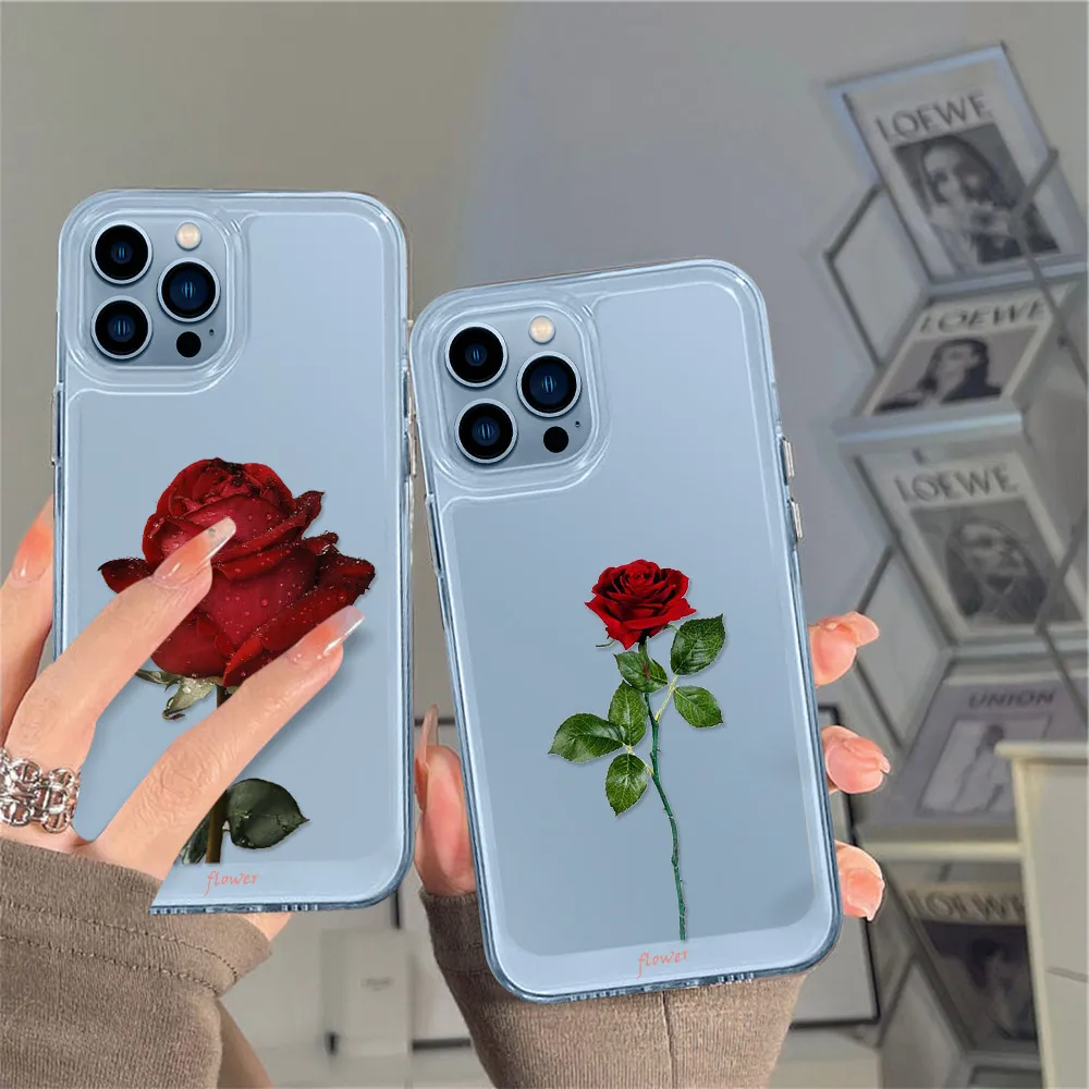 

Red Rose Shockproof Clear Hard Case For IPhone 13 12 Pro Max 11 X XR XS 7 8 Plus Flower Lens Protective Transparent Soft Cover