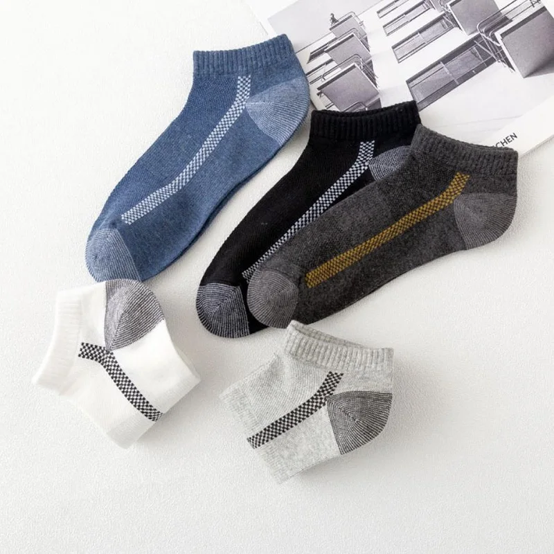 5 Pairs Men Summer Ankle Socks Breathable Casual Personality Invisible Boat Socks Striped Sports Street Fashions Short Sock Set