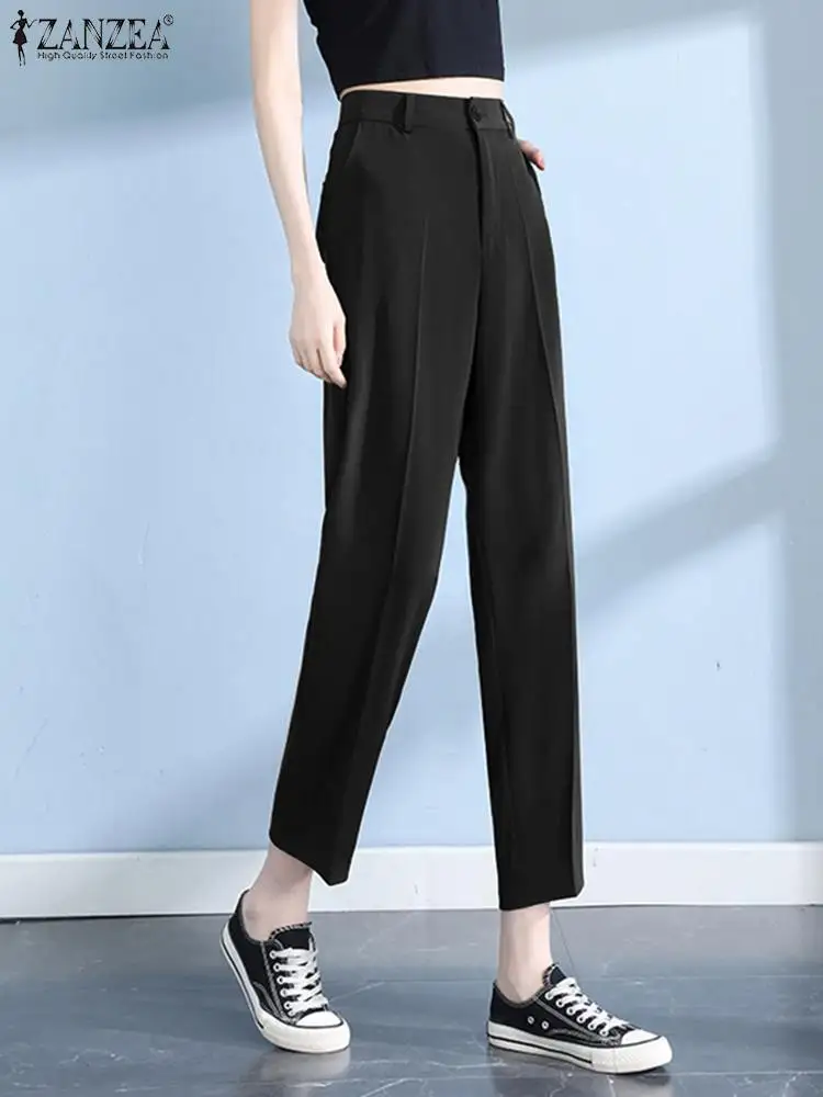 

Брюки ZANZEA женские с завышенной талией, повседневные Модные Простые Офисные штаны в Корейском стиле, укороченные с карманами, осень 2023