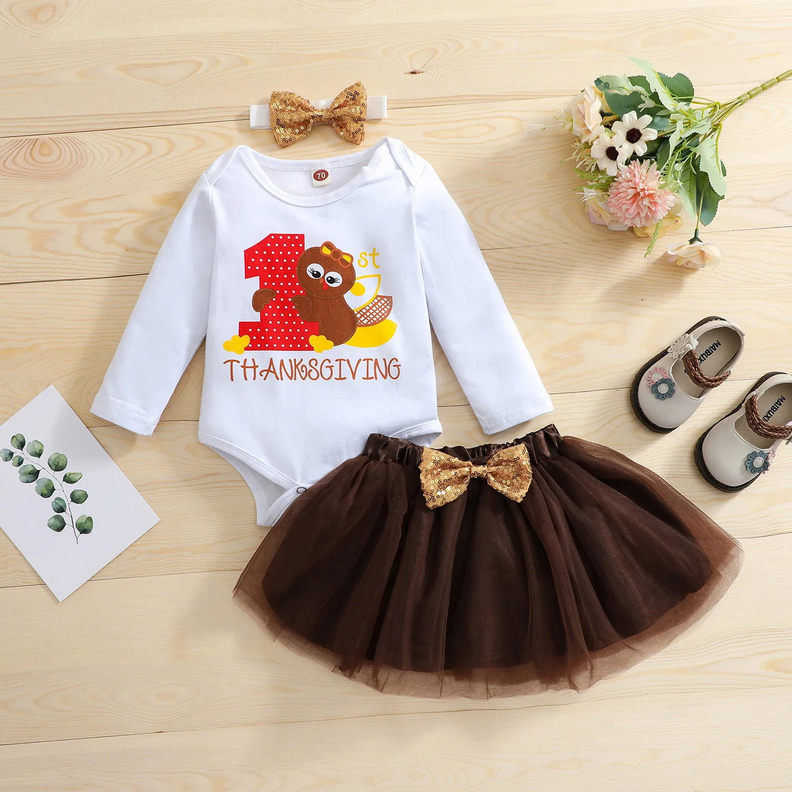 

Thanksgiving Newborn Infant Baby Girls Clothes Sets Long Sleeve Romper Letter Cartoon Bodysuit+Bowknot Tulle Dress Outfits Sets