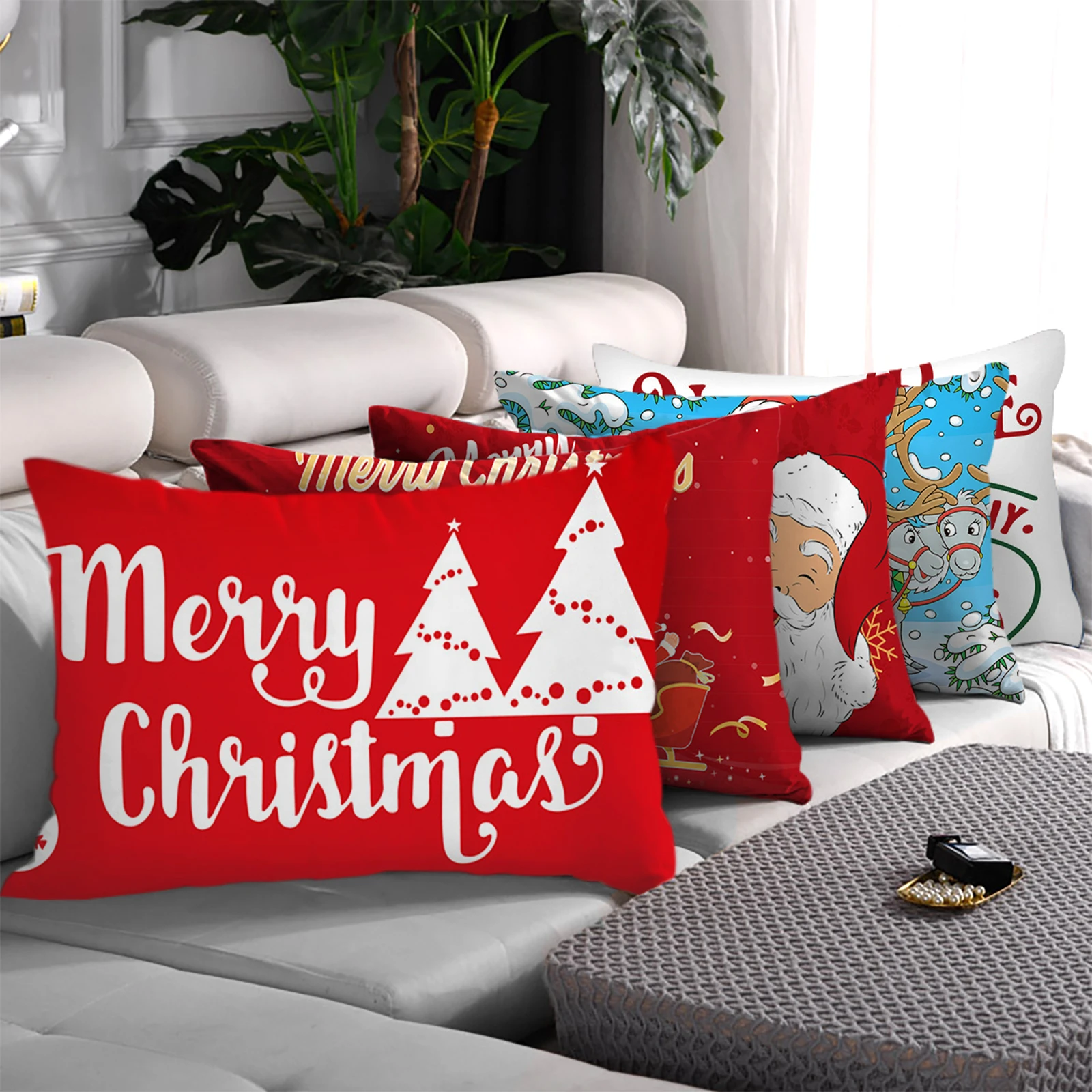 

Merry Christmas Printed White Pillow Case Xmas Style Deer Santas Cushion Cover Home Sofa Decorative Throw Pillowcases 30x50cm