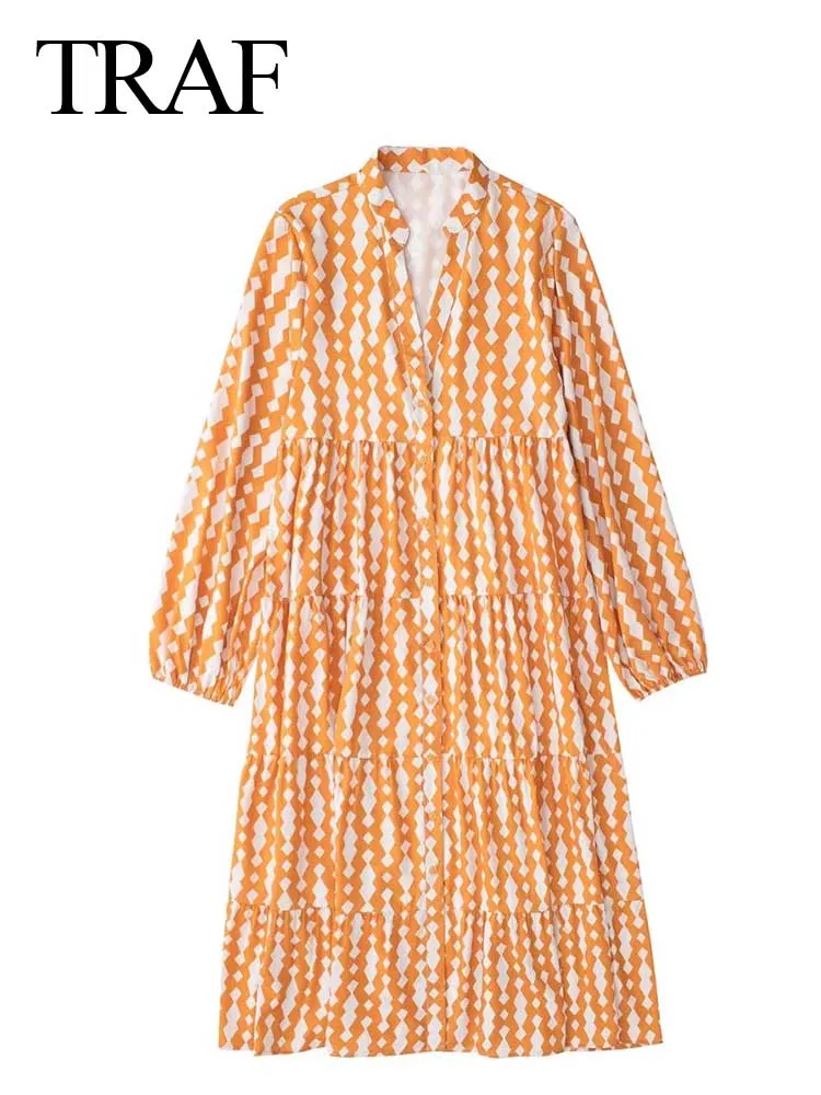 

TRAF Women Print Dress Vintage Orange And White Casual Single Breasted Splicing Straight Vintage Ladies Long Dress Daily Wear