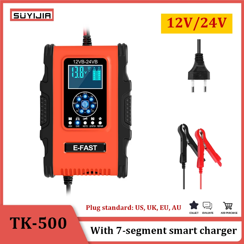

TK-500 12V 24V 12A 7-segment Lead-acid Battery Charger Display Lithium Battery Charger Car Charging Microprocessor Control CPU
