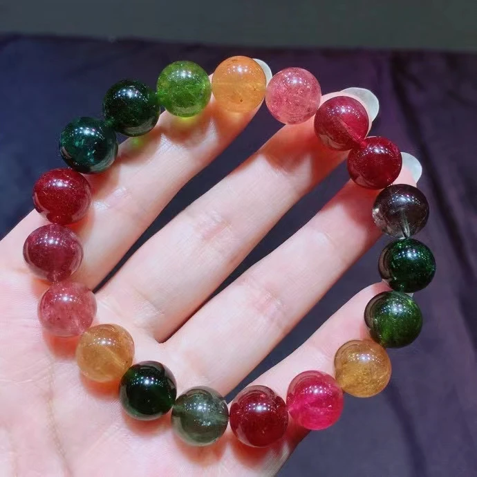 

Natural Rainbow Colorful Tourmaline Crystal Clear Round Beads Bracelet 10.6mm Candy Tourmaline Brazil Women Jewelry AAAAAAA