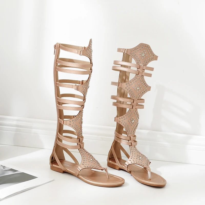 Roman gladiator sandals women knee high sandals small rivets adornment high Tong cool boots hollow out shoes summer of the girls