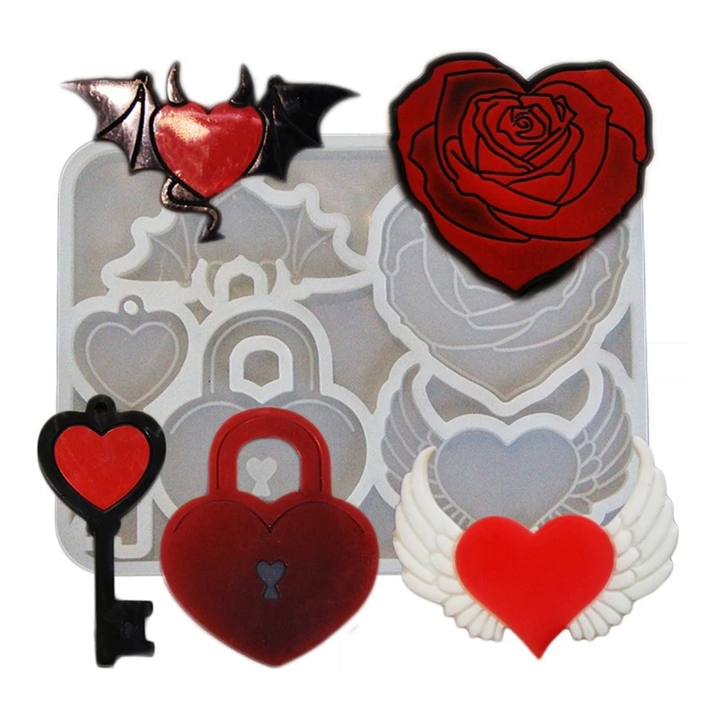 

Diy Silicone Love Rose Angel Devil Wings Lock Epoxy Resin Drop Mirror Mold Keychain Decorative Pendant Mold