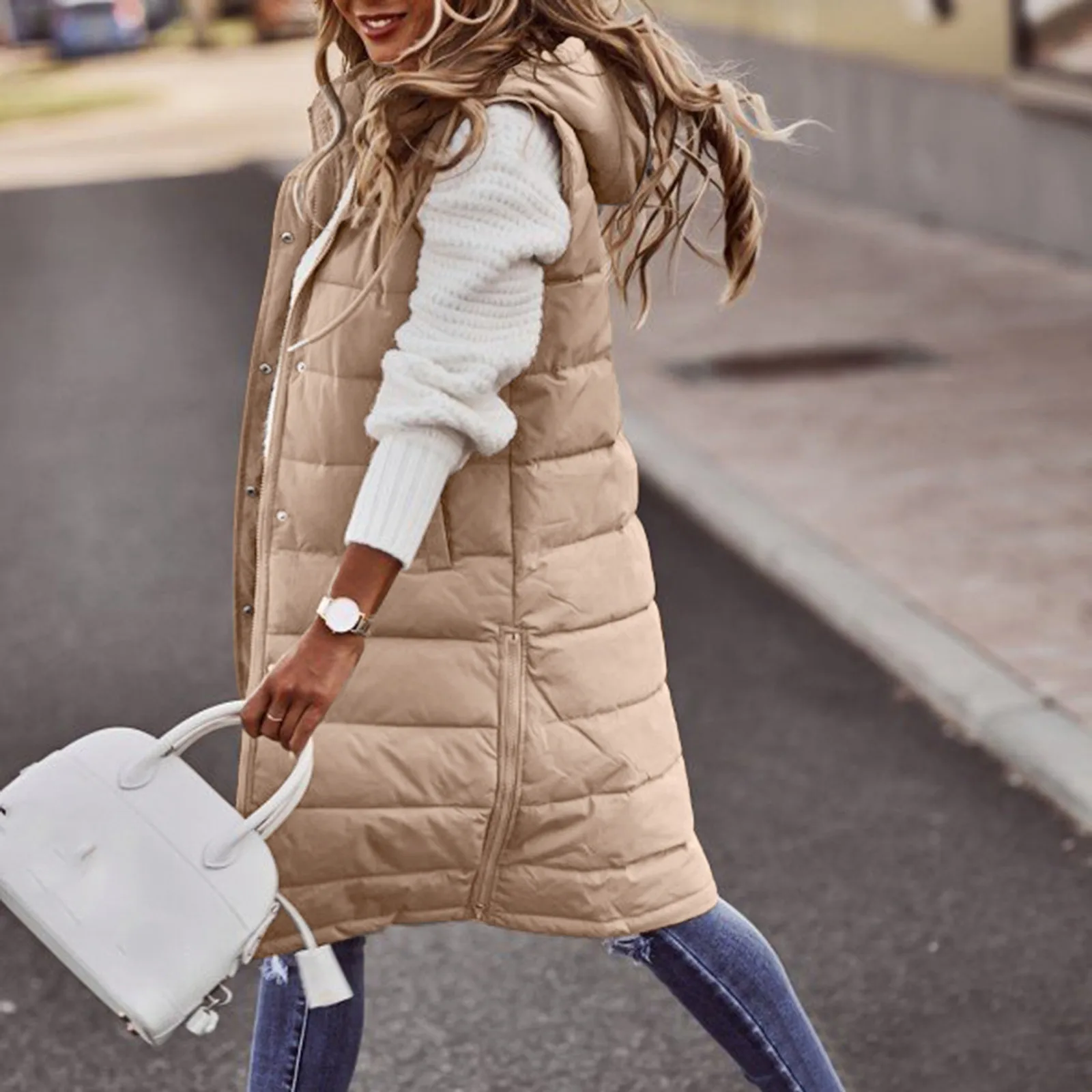 

Women Long Winter Coat Vest With Hood Sleeveless Warm Down Coat With Pockets Quilted Vest Down Jacket Quilted Outdoor Jacket 5XL