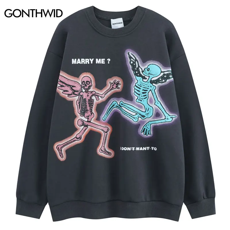 

Hip Hop Skull Sweatshirt Streetwear Funny Angel Skeleton Graphic Print Punk Goth Pullover 2023 Harajuku Fashion Loose Hoodie Y2K