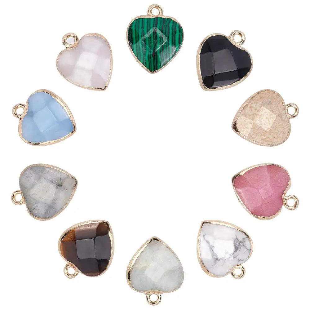 

10 Style Heart Charms Pendants White Jade Tiger Eye Rose Quartz with Cadmium Free Nickel Free Lead Free Iron with Loops Faceted