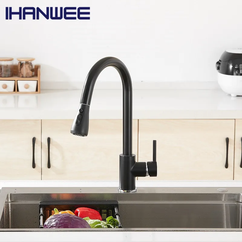 

Черный кухонный кран, выдвижной смеситель для раковины, матовый никель, струйный распылитель, хромированный кухонный водопроводный кран