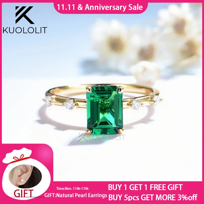 

Kuololit Colombia Emerald Moissanite Rings for Women Solid 925 Sterling Silver 6*8mm GemstoneJewelry for Engagement Christmas