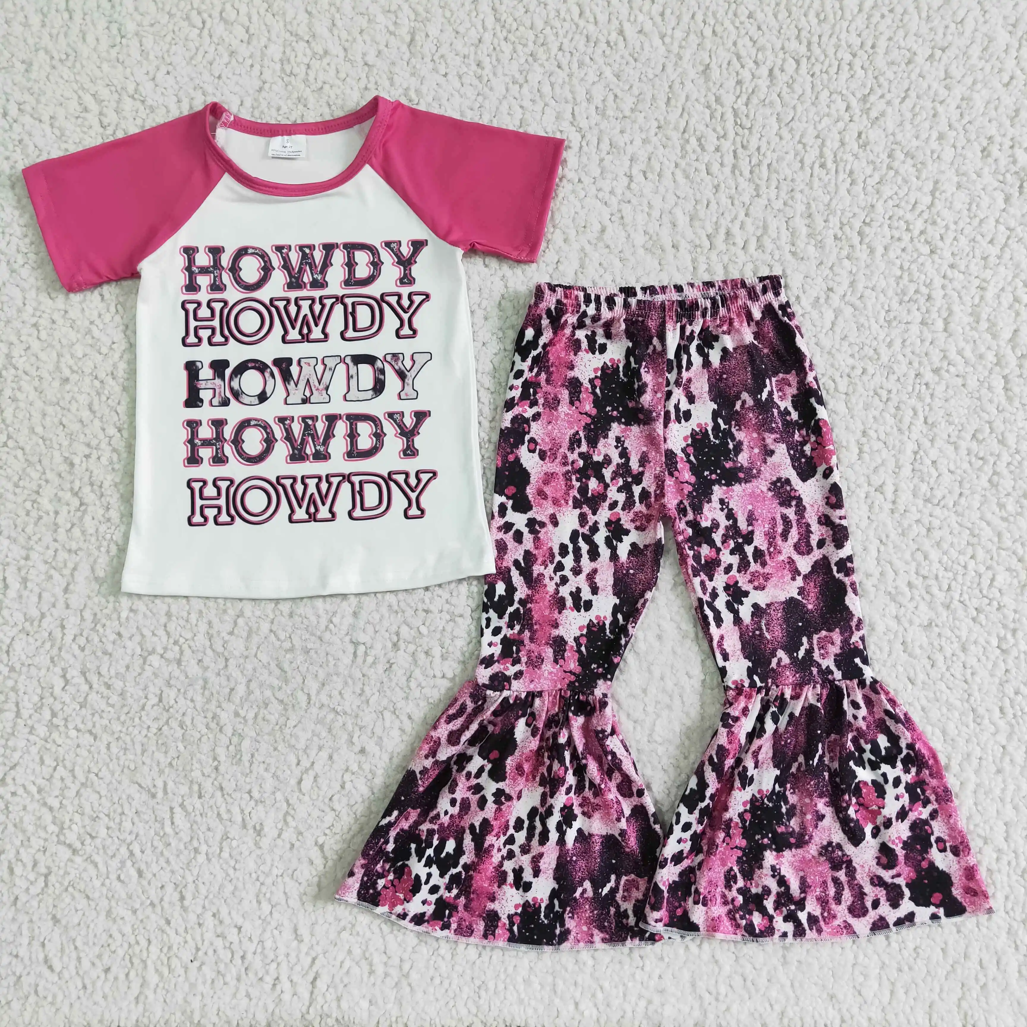 

Howdy 8 year old girl clothes western cow pink leopard print bell bottom pants boutique high quality sets