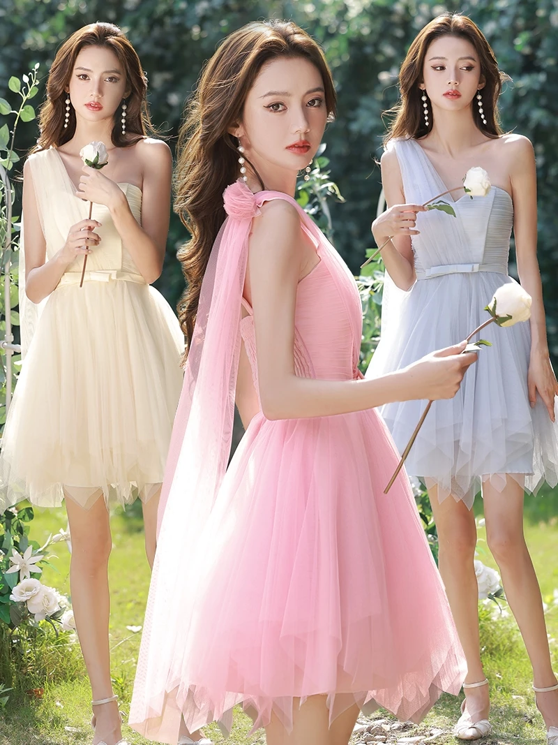 

Pink Gray Champagne Short Bridesmaid Dresses Bride Sister Group Student Wedding Performance Girlfriends Graduation Dress
