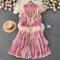 2022 spring autumn fashion runway shirt dress womens lantern sleeve elegant belted floral printed ol pleated maxi dresses new