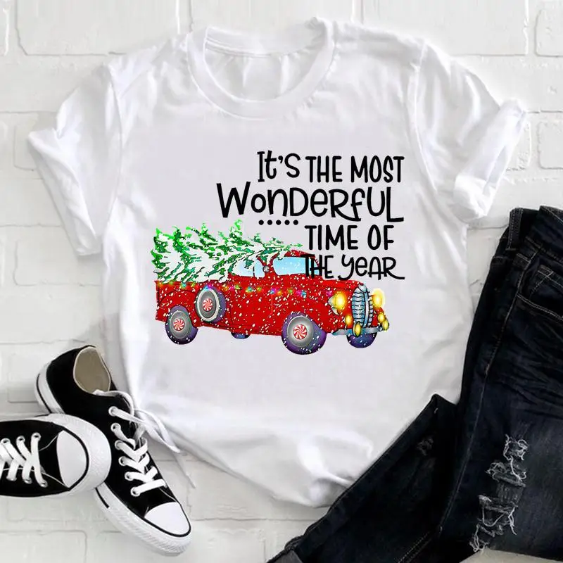 

Women Print Tshirt 2022 Merry Christmas T Tee Pretty Holiday New Year Truck 90s Style Nice Top Cartoon Graphic T-shirt