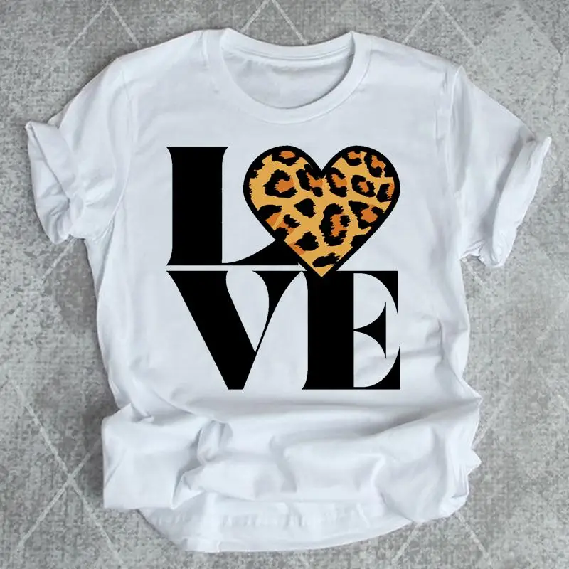 

Women Print Fashion Summer T-shirts Shirt Female Graphic T Top Leopard Love Letter Aesthetic Short Sleeve Cartoon Tee T-Shirt